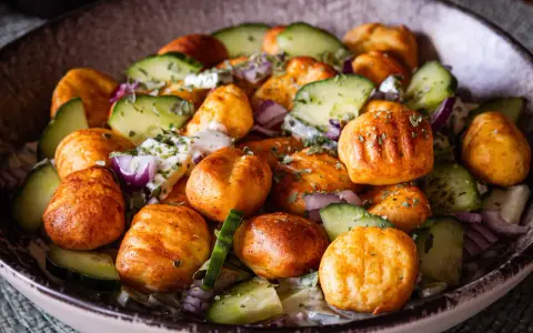 Leckerer Gnocchi-Salat mit Gurken, roten Zwiebeln und Kräutern. Perfekt für leichte Gnocchi Salat Rezepte.