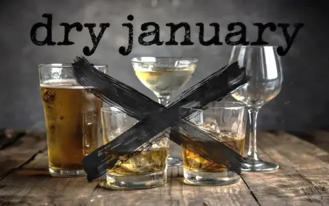Glas Bier, Whiskey und Sekt mit schwarzem Kreuz. Der Text "dry january" steht darüber.