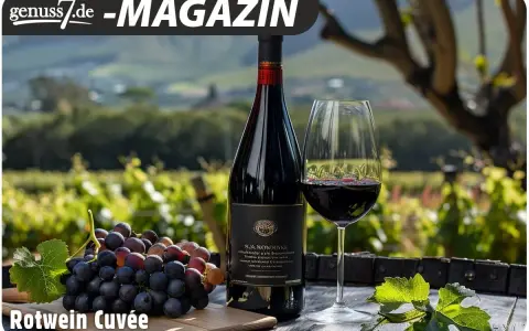 Rotwein Cuvée: Eine Flasche und ein Glas Rotwein stehen neben frischen Trauben. Ist diese Cuvée gut oder schlecht? Die Weinprobe wird es zeigen.