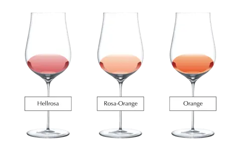 Drei Gläser zeigen den Unterschied zwischen Hellrosa, Rosa-Orange und Orange.