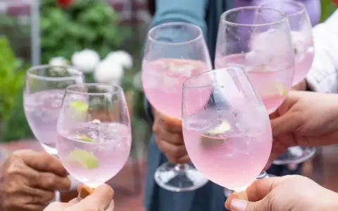 Hände stoßen mit rosafarbenen Sarto Spritz-Cocktails mit Limette und Eis an.