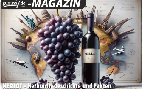 Eine Flasche Merlot-Wein neben einer Traube, vor einer Weltkarte mit Wahrzeichen. Die Traube symbolisiert die globale Reise des Merlot.