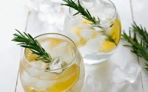 Zwei erfrischende Gin mit Zitrone und Rosmarin, serviert mit Eiswürfeln auf weißem Holz.