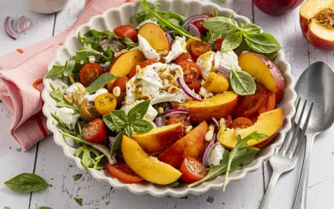 Erfrischender Salat mit saftigen Nektarinen, Tomaten, Mozzarella und Rucola, beträufelt mit Balsamico-Dressing.