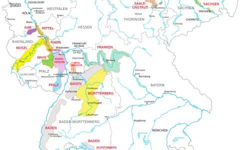 Karte zeigt die deutschen Wein-Anbaugebiete wie Mosel, Rhein, Franken und Baden-Württemberg.