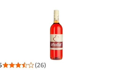 Flasche mit rosafarbenem Uhudler Wein, "Das Original" steht auf dem Etikett.