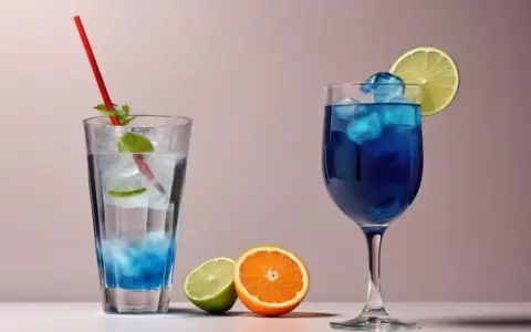 Zwei erfrischende Cocktails, einer blau, der andere klar mit blauen Akzenten, stehen neben frischen Früchten. Die Cocktail Bedeutung liegt im Genuss.