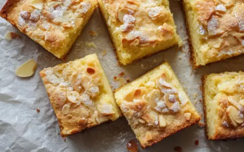 Saftiger Buttermilch Kuchen mit Mandelblättchen und Puderzucker bestreut, auf Backpapier arrangiert.