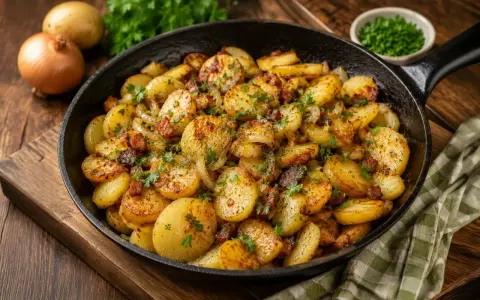 Knusprige Bratkartoffeln mit Speck und Zwiebeln in einer Gusseisenpfanne, garniert mit Petersilie. Ein Klassiker, der einfach unwiderstehlich ist.