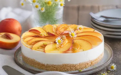 Eine **schnelle Torte** mit Pfirsichscheiben und Götterblümchen auf cremigem Käsekuchenboden.