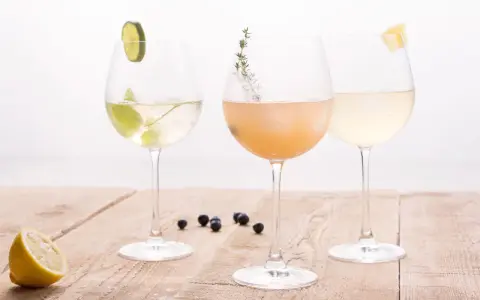 Drei elegante Gläser mit erfrischenden champagner cocktails, garniert mit Limette, Kräutern und Zitrone, stehen auf einem Holztisch.