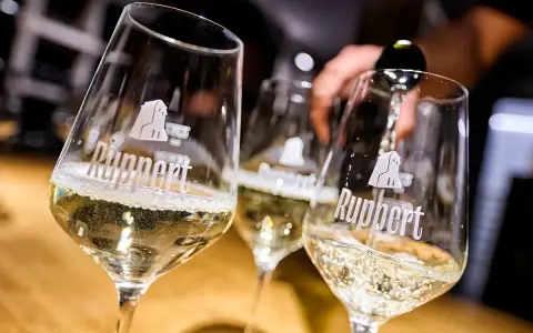 Drei Gläser mit schäumendem Wein, der von einer Flasche in das vorderste Glas gegossen wird. Der Wein aus mehreren Rebsorten ist von der Marke Ruppert.