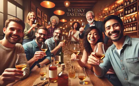 Fröhliche Menschen genießen eine Whisky-Verkostung. Sie halten Gläser mit bernsteinfarbener Flüssigkeit und lächeln. Man fragt sich, wie schmeckt whiskey?