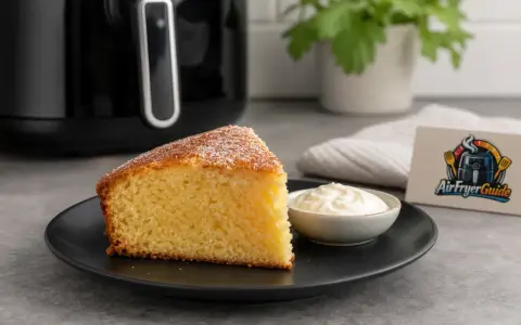 Ein saftiges Stück Kuchen im Airfryer, serviert mit Sahne. Perfekt für süße Momente!