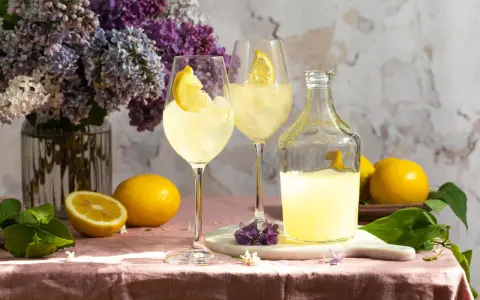 Zwei Gläser mit Eis und Zitronenscheiben, eine Flasche Limoncello und frische Zitronen auf einem rosafarbenen Tischtuch. Ein Hauch von Frühling mit Flieder.