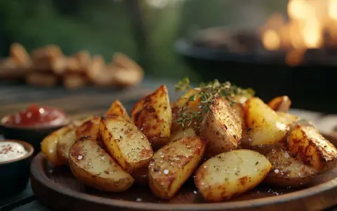 Knusprige Kartoffelspalten aus dem Ofen, garniert mit frischen Kräutern, bereit zum Dippen.