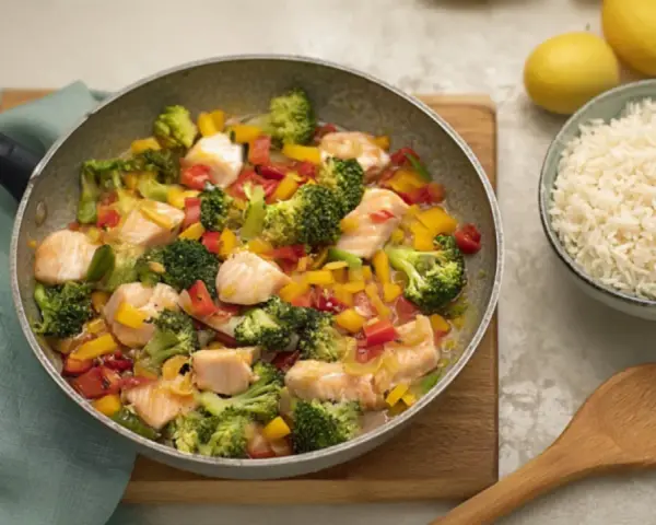Leckeres Fischpfanne Rezept mit Lachs, Brokkoli und Paprika. Dazu eine Schüssel Reis.