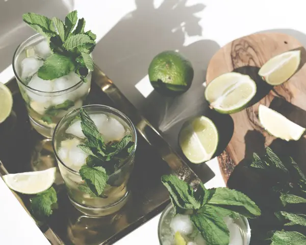 Erfrischendes Mojito Rezept: Gläser mit Eis, Minze und Limettenspalten auf einem Tablett. Frische Limetten und Minze liegen daneben.