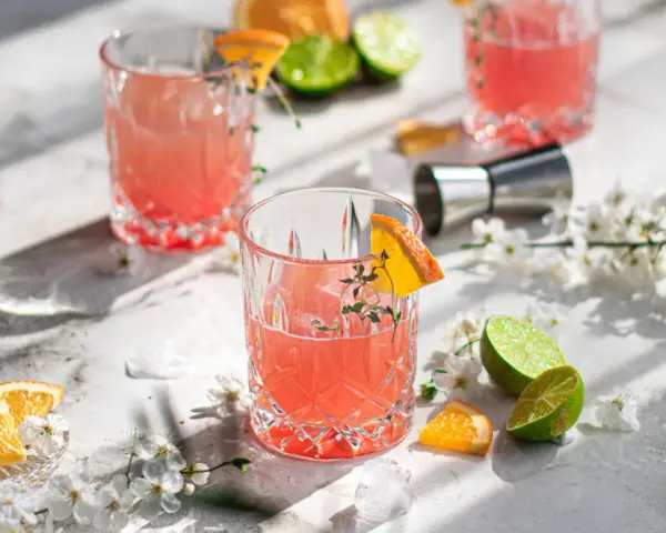 Erfrischende Sommer-Gin-Rezepte: Rosa Cocktails mit Orange und Limette, garniert mit Kräutern und Blüten. Perfekt für warme Tage.
