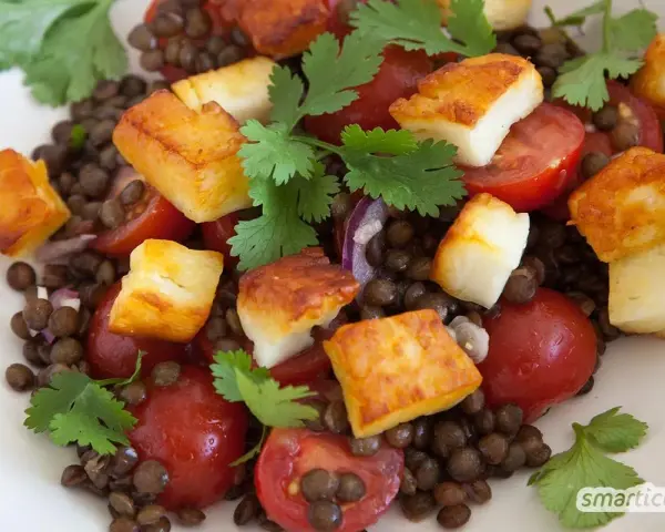 Ausgefallene Salate: Linsensalat mit gebratenem Halloumi, Kirschtomaten und Koriander. Ein bunter und leckerer Genuss.