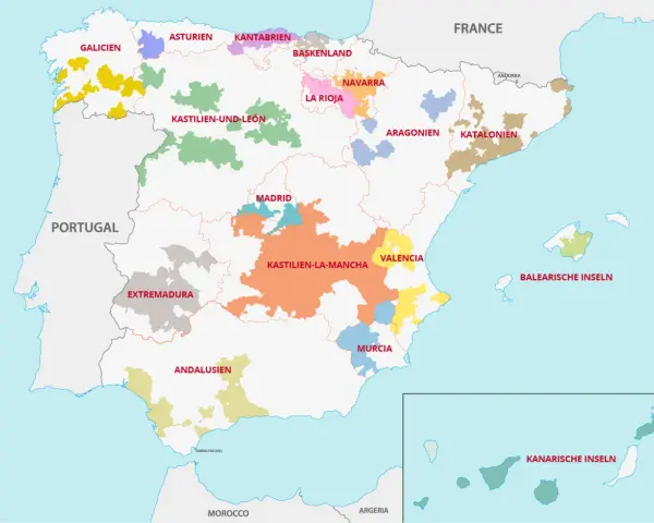 Karte der spanischen weinanbaugebiete: Galicien, Kastilien-La Mancha, Rioja, Katalonien und mehr.