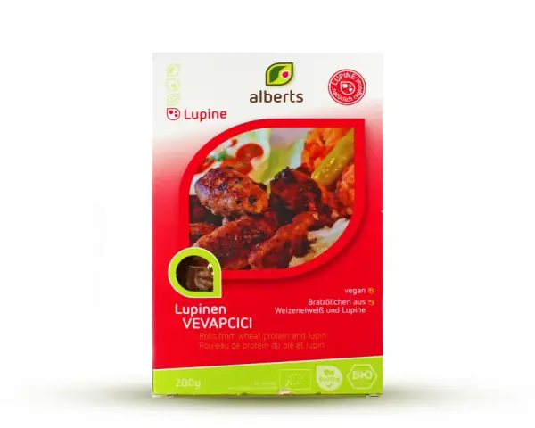 Alberts Lupinen Vevapcici: vegane Bratröllchen aus Weizeneiweiß und Lupine. Hier sind Lupine enthalten.