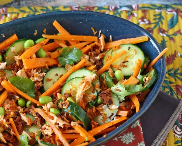 Herzhafte Salate mit Karottenstreifen, Gurkenscheiben, Edamame und zerrupftem Lachs. Knusprige Röstzwiebeln sorgen für Textur.