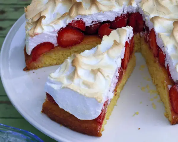 Saftige Erdbeeren unter luftiger Baiserhaube auf einem lockeren Boden. Diese Baiser Torte ist ein Genuss!