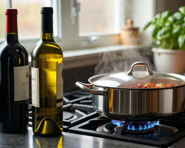Zwei Flaschen Wein, rot und weiß, stehen neben einem Topf, in dem etwas auf dem Herd köchelt. Die Frage: welcher Wein zum Kochen?