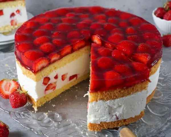 Eine **einfache Torte** mit Biskuit, Sahne und vielen frischen Erdbeeren unter rotem Tortenguss. Ein Stück ist bereits angeschnitten.