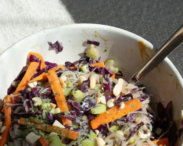 Frischer Glasnudelsalat mit Karotten, Rotkohl und Erdnüssen. Ein leichtes und gesundes Rezept.