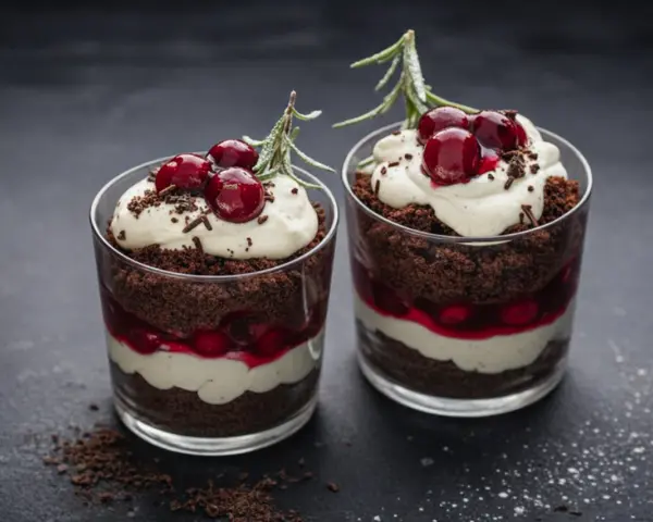 Zwei Gläser mit einem schnellen Dessert mit Kirschen: Schokoladenkuchen, Creme und Kirschen, garniert mit frischen Kirschen und Rosmarin.