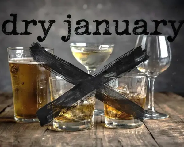 Glas Bier, Whiskey und Sekt mit schwarzem Kreuz. Der Text "dry january" steht darüber.