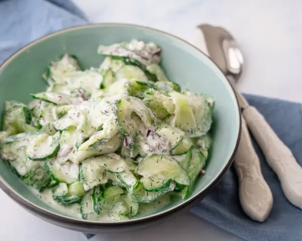 Frischer gurkensalat mit saurer sahne und Dill, garniert mit roten Zwiebeln, in einer Schüssel serviert.