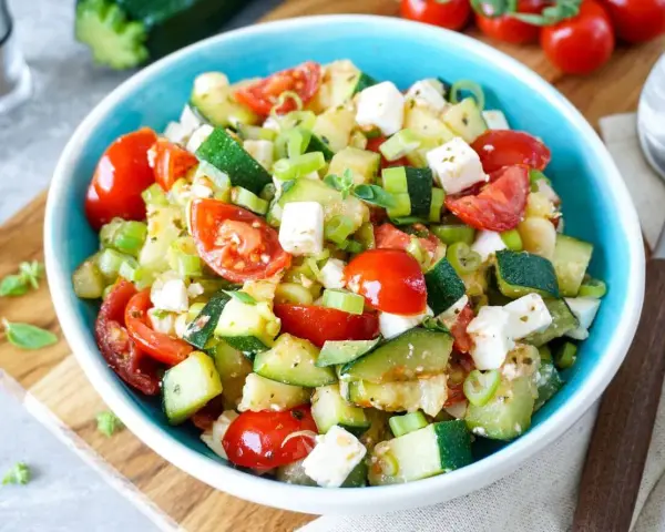 Erfrischender Zucchini Salat mit Tomaten und Feta. Ein leichtes Rezept für heiße Tage.