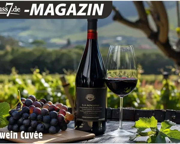Rotwein Cuvée: Eine Flasche und ein Glas Rotwein stehen neben frischen Trauben. Ist diese Cuvée gut oder schlecht? Die Weinprobe wird es zeigen.