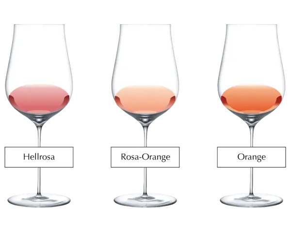 Drei Gläser zeigen den Unterschied zwischen Hellrosa, Rosa-Orange und Orange.
