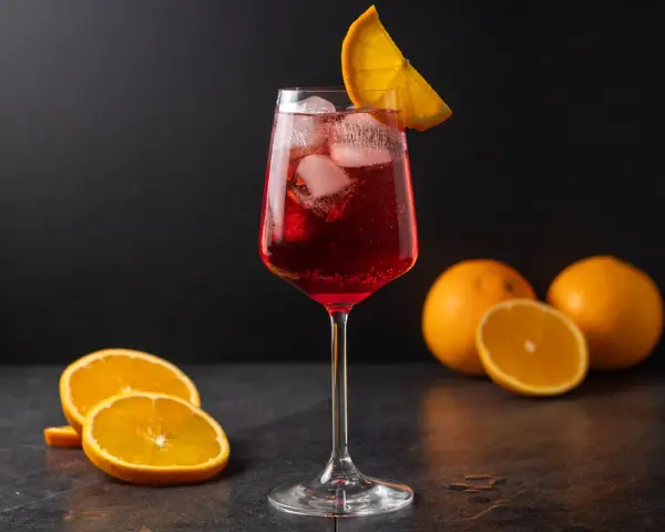Ein erfrischender Gin-Drink mit Eis und Orangenscheiben, bereit zum Genießen.