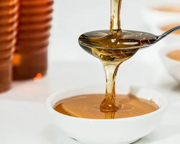 Goldener Sirup fließt von einem Löffel in eine Schüssel. Ob es sich um Agavendicksaft oder Honig handelt, ist schwer zu sagen.