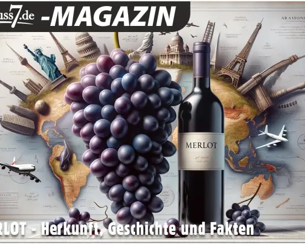 Eine Flasche Merlot-Wein neben einer Traube, vor einer Weltkarte mit Wahrzeichen. Die Traube symbolisiert die globale Reise des Merlot.