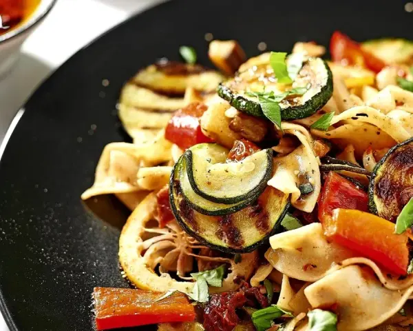 Ein bunter Nudelsalat mit gegrilltem Gemüse, Tomaten und Kräutern. Dazu passen Oliven perfekt.