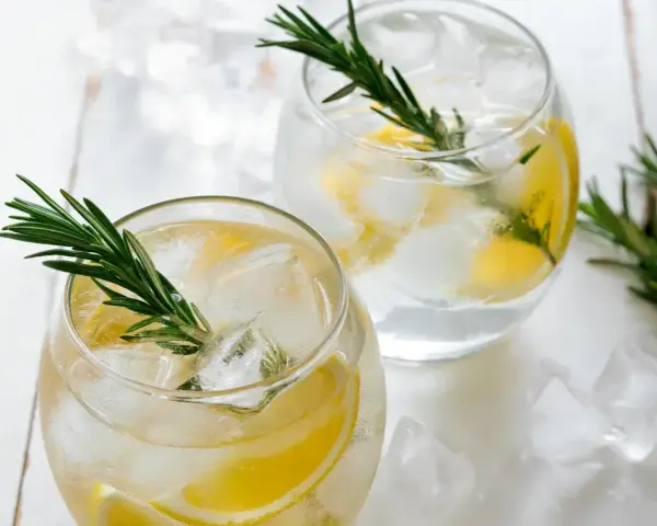 Zwei erfrischende Gin mit Zitrone und Rosmarin, serviert mit Eiswürfeln auf weißem Holz.