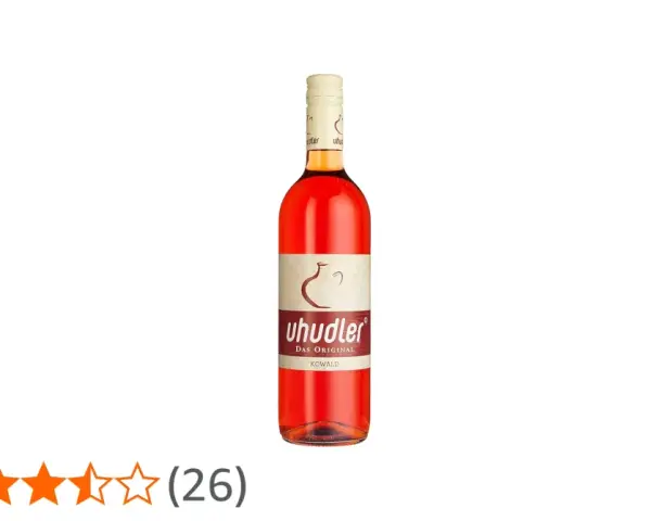 Flasche mit rosafarbenem Uhudler Wein, "Das Original" steht auf dem Etikett.