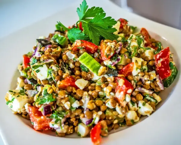 Frischer Linsensalat mit Feta, Paprika, Gurke und Kräutern, garniert mit Petersilie.