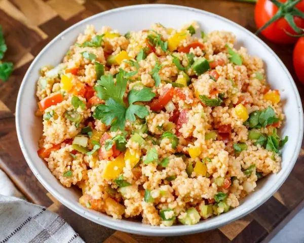 Bunter Couscous-Salat mit Tomaten, Paprika und Petersilie, garniert mit einem Petersilienblatt.