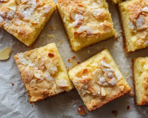 Saftiger Buttermilch Kuchen mit Mandelblättchen und Puderzucker bestreut, auf Backpapier arrangiert.