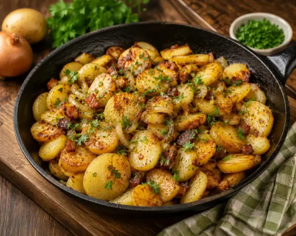Knusprige Bratkartoffeln mit Speck und Zwiebeln in einer Gusseisenpfanne, garniert mit Petersilie. Ein Klassiker, der einfach unwiderstehlich ist.