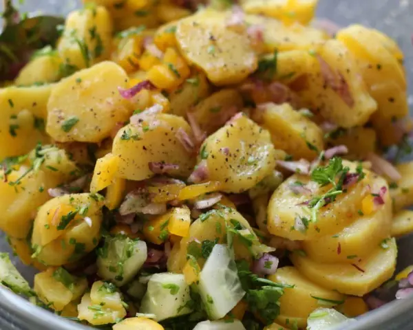 Omas sonntagsessen: Kartoffelsalat mit Gurken, Zwiebeln und frischen Kräutern, perfekt gewürzt.