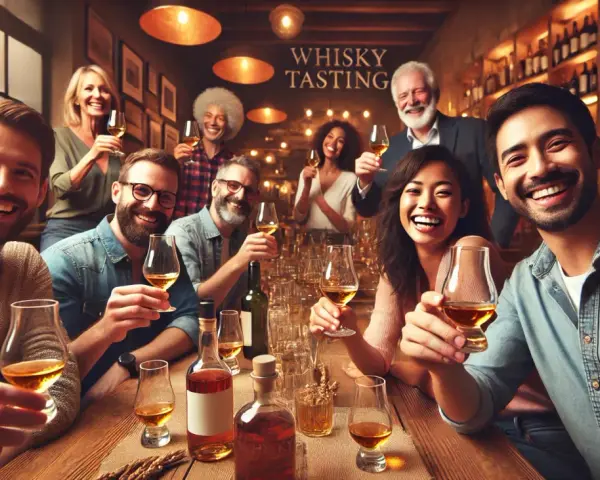 Fröhliche Menschen genießen eine Whisky-Verkostung. Sie halten Gläser mit bernsteinfarbener Flüssigkeit und lächeln. Man fragt sich, wie schmeckt whiskey?