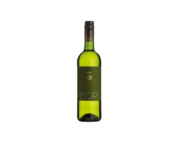 Grüne Flasche mit dunklem Etikett, darauf "Verdejo" und "TESORO". Ein spanischer Weißwein, der an deutsche Rieslinge erinnert.